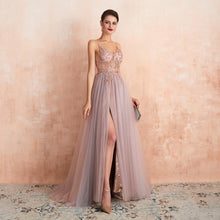 将图片加载到图库查看器，Sexy Spaghetti Straps Evening Dresses 2019 New Arrival V-Neck Rhinestones Beading Formal Prom Gowns with Slit robe de soiree
