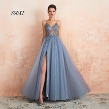 将图片加载到图库查看器，Sexy Spaghetti Straps Evening Dresses 2019 New Arrival V-Neck Rhinestones Beading Formal Prom Gowns with Slit robe de soiree
