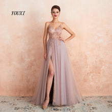 将图片加载到图库查看器，Sexy Spaghetti Straps Evening Dresses 2019 New Arrival V-Neck Rhinestones Beading Formal Prom Gowns with Slit robe de soiree

