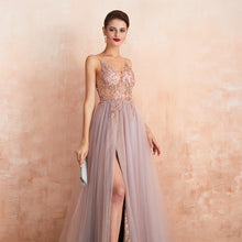 将图片加载到图库查看器，Sexy Spaghetti Straps Evening Dresses 2019 New Arrival V-Neck Rhinestones Beading Formal Prom Gowns with Slit robe de soiree
