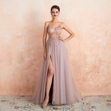 将图片加载到图库查看器，Sexy Spaghetti Straps Evening Dresses 2019 New Arrival V-Neck Rhinestones Beading Formal Prom Gowns with Slit robe de soiree
